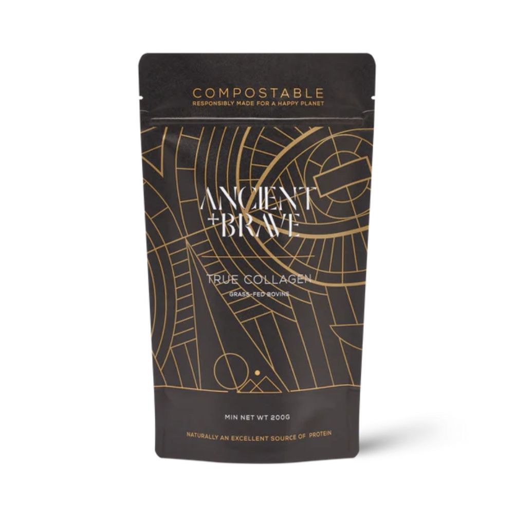 Pudră colagen 200g Ancient and Brave, ambalaj compostabil negru cu model auriu.