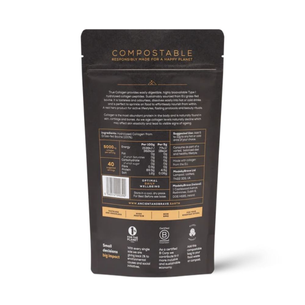 Ambalaj negru compostabil colagen pudră REFILL 200g, detalii nutriționale și certificat sustenabil.