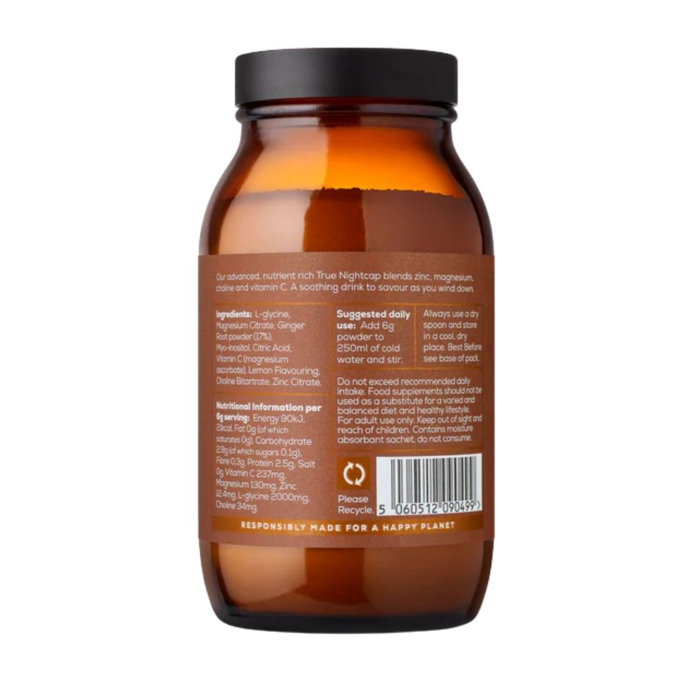 Flacon supliment True Nightcap 180g, capac negru, etichetă cu informații ingrediente.