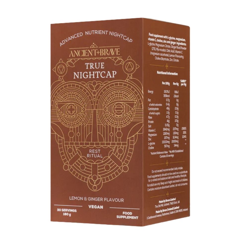 Cutie supliment alimentar True Nightcap 180g, maro, detalii auriu, arome de lămâie și ghimbir, textură sofisticată.