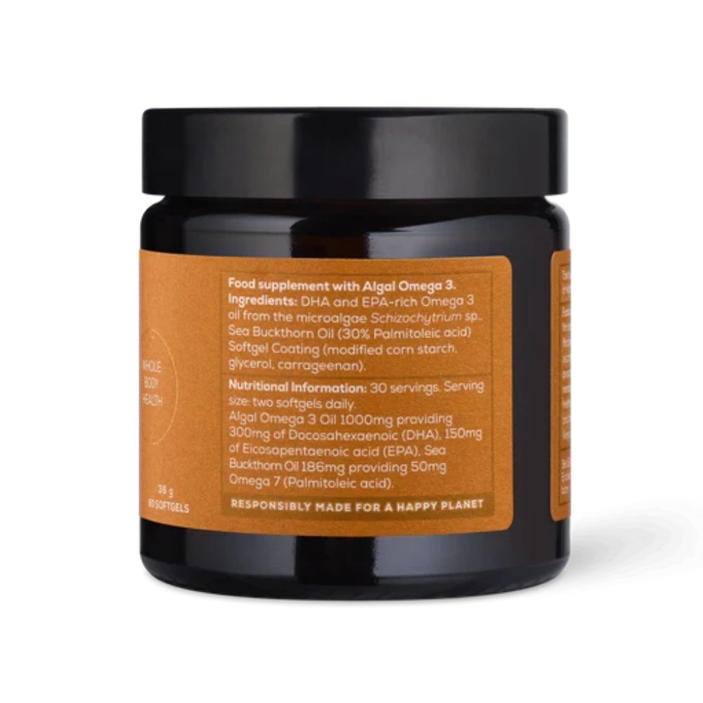 Cutie supliment alimentar True Omega cu etichetă maro, capac negru, 60 capsule softgel.