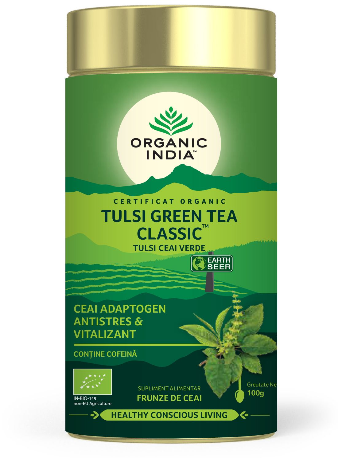 Tulsi ceai verde, cutie verde 100g, Organic India, efect antistres și vitalizant.