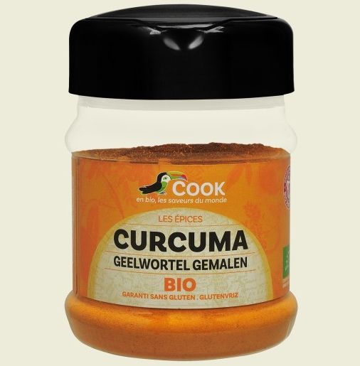 Turmeric pudra bio 200g Cook, recipient transparent cu capac negru, etichetă portocalie.