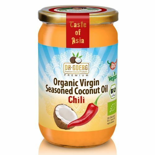 Ulei de cocos bio cu chilli, 190ml, Dr. Goerg, etichetă albastră cu logo, borcan sticlă, text alb pe fond roșu.