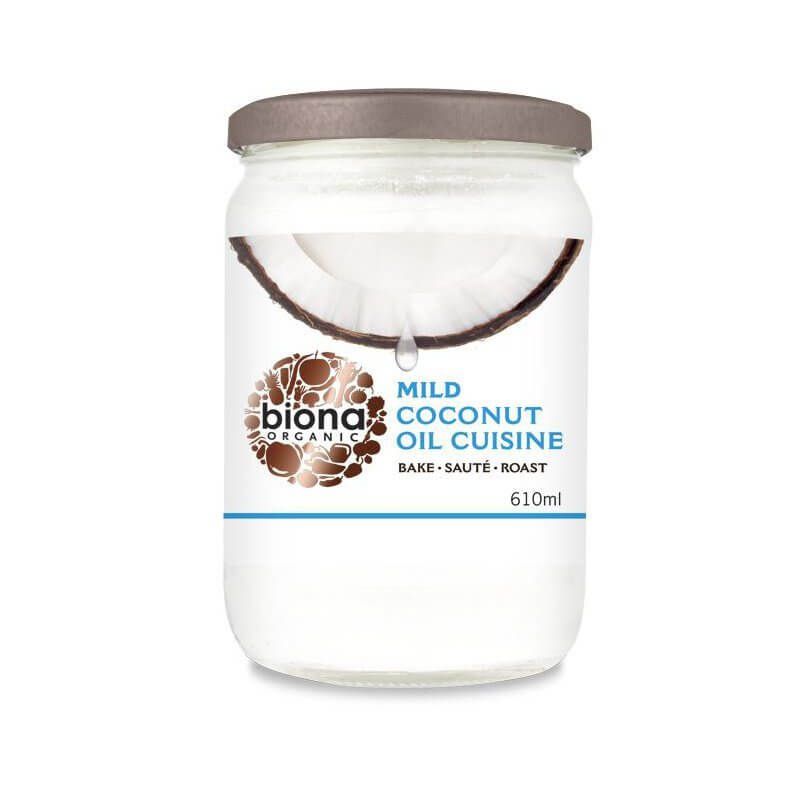 Ulei de cocos dezodorizat eco BIONA 610ml, borcan transparent cu capac gri, etichetă albă.