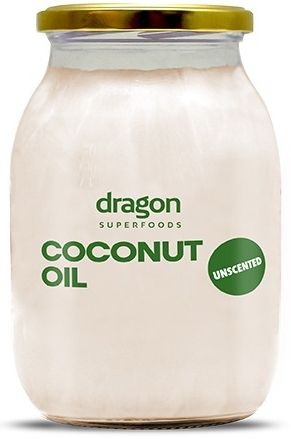 Ulei de cocos dezodorizat eco 1000 ml, ambalaj transparent, capac auriu, etichetă verde.