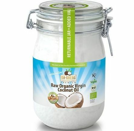 Ulei de cocos premium bio 1000ml Dr. Goerg borcan sticlă transparentă etichetă albastră.