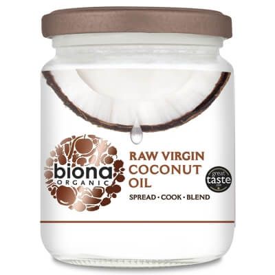 Ulei de cocos virgin Biona 200g, borcan transparent, capac maro, etichetă cu design organic.