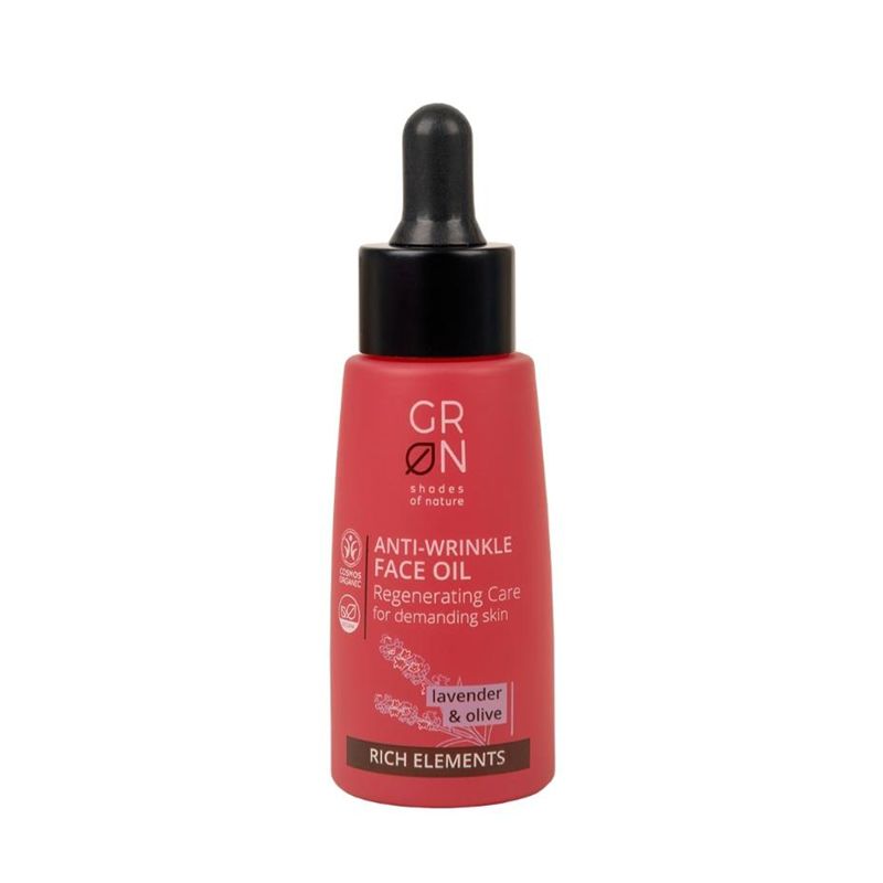 Ulei de față antirid Bio Organic cu măsline și lavandă, 30ml, sticlă roz cu pipetă neagră.