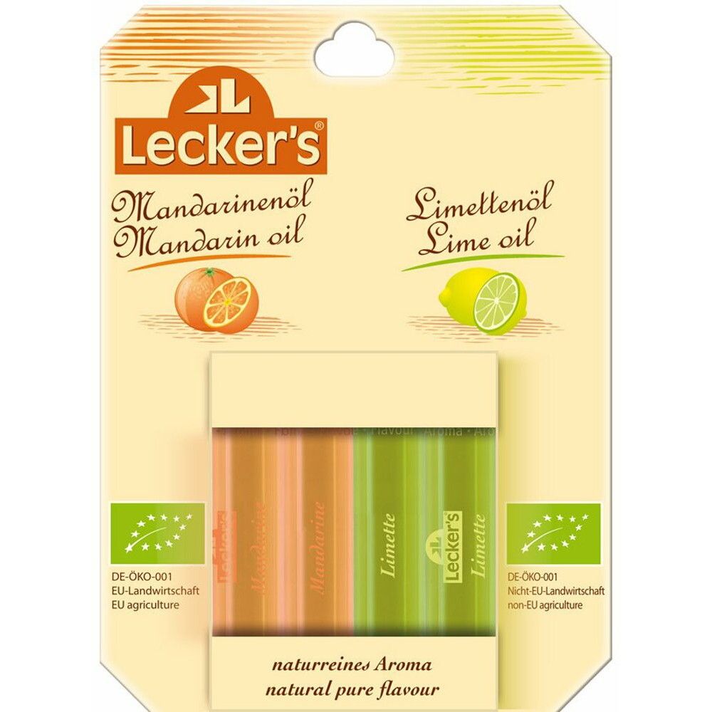 Ulei bio de mandarină și lime Lecker's 2x2ml, ambalaj portocaliu și verde, ingrediente naturale.