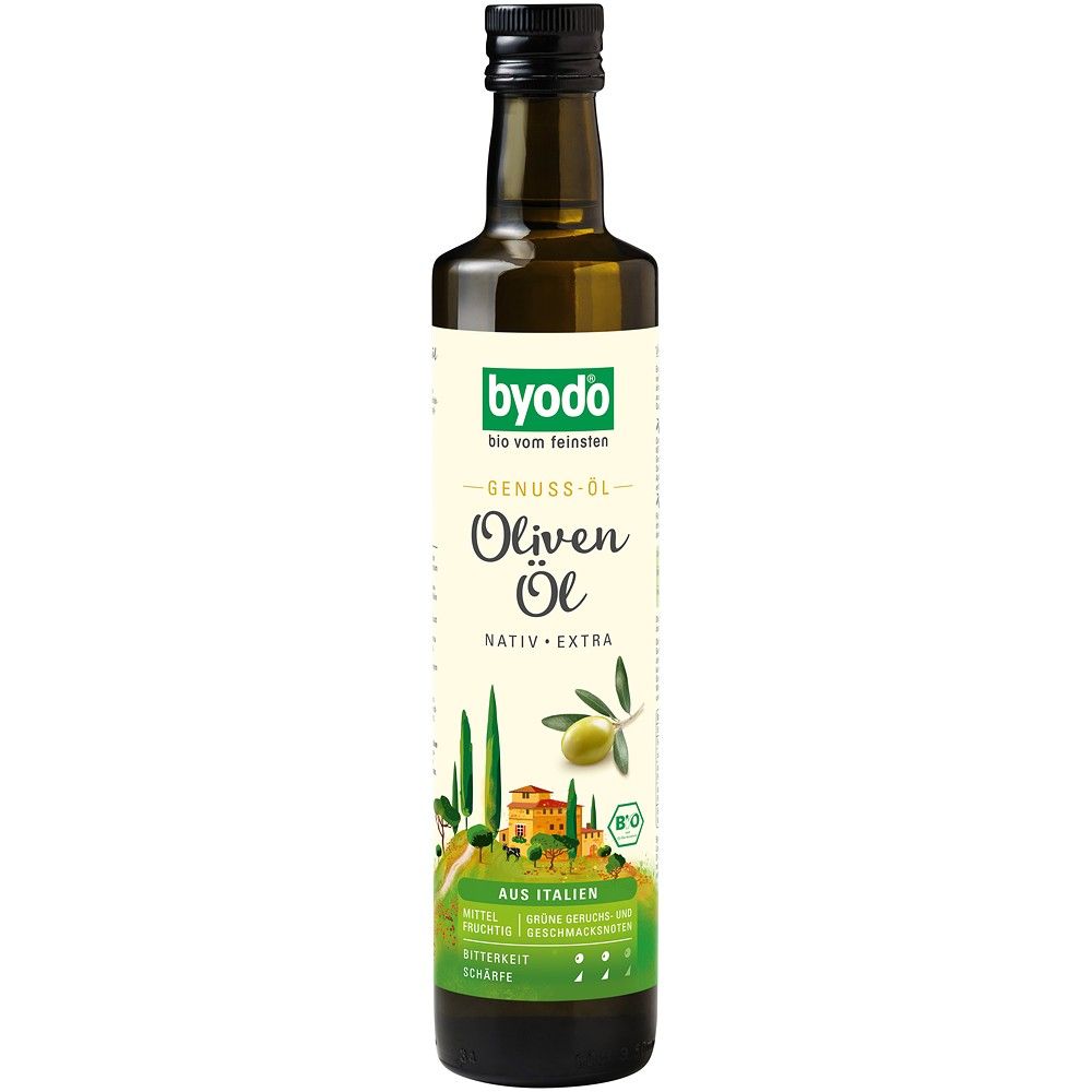 Ulei de măsline extravirgin bio Byodo, sticlă verde 500ml, etichetă albă și verde.