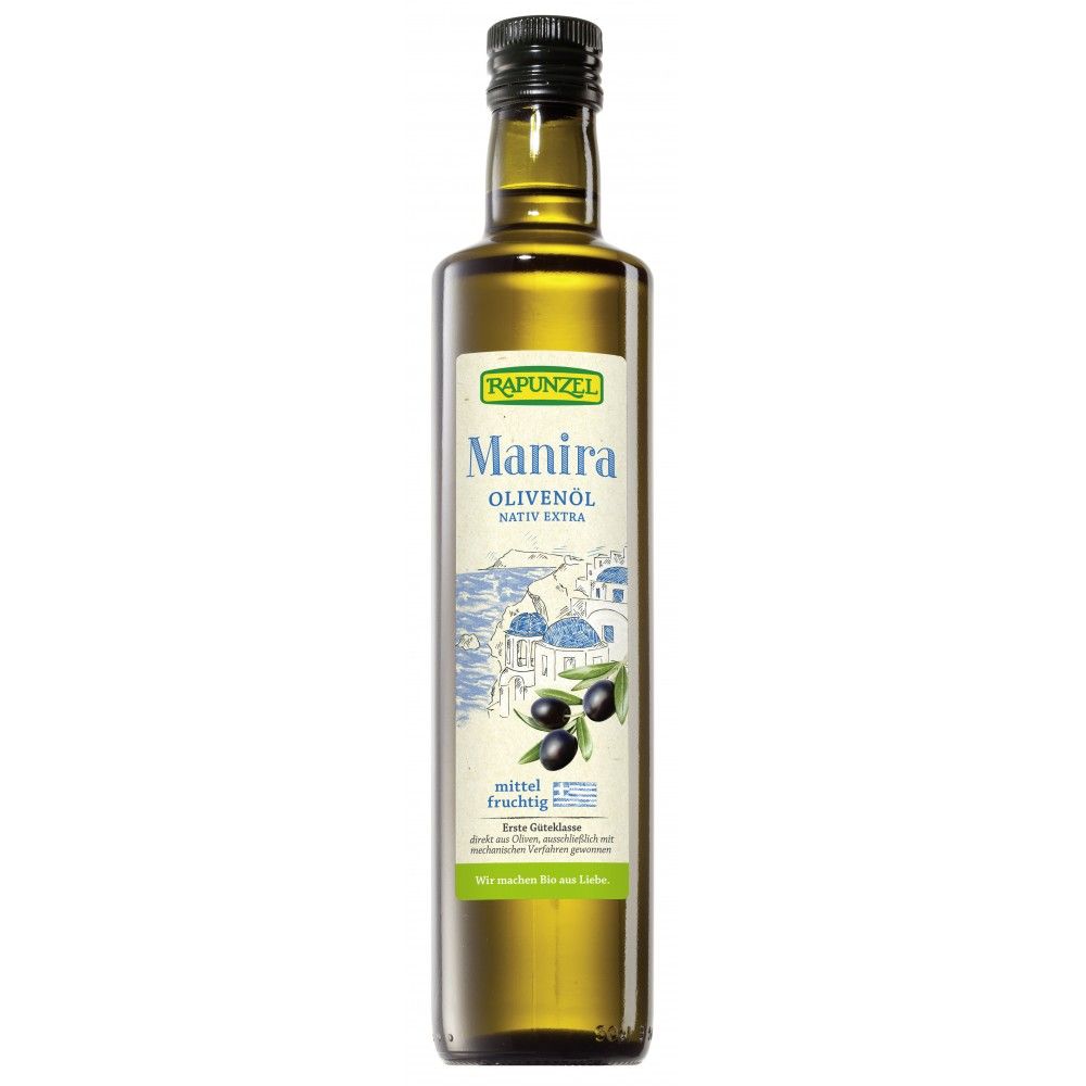 Ulei de masline extravirgin Manira Rapunzel 500ml, sticla verde, eticheta albastra cu peisaj.