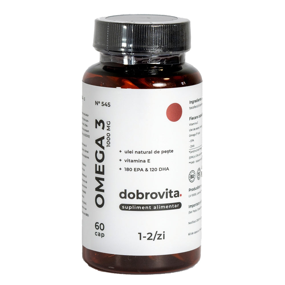 Ulei de pește Omega 3 Dobrovita, 1000mg, 60 capsule, etichetă albă și capac negru.