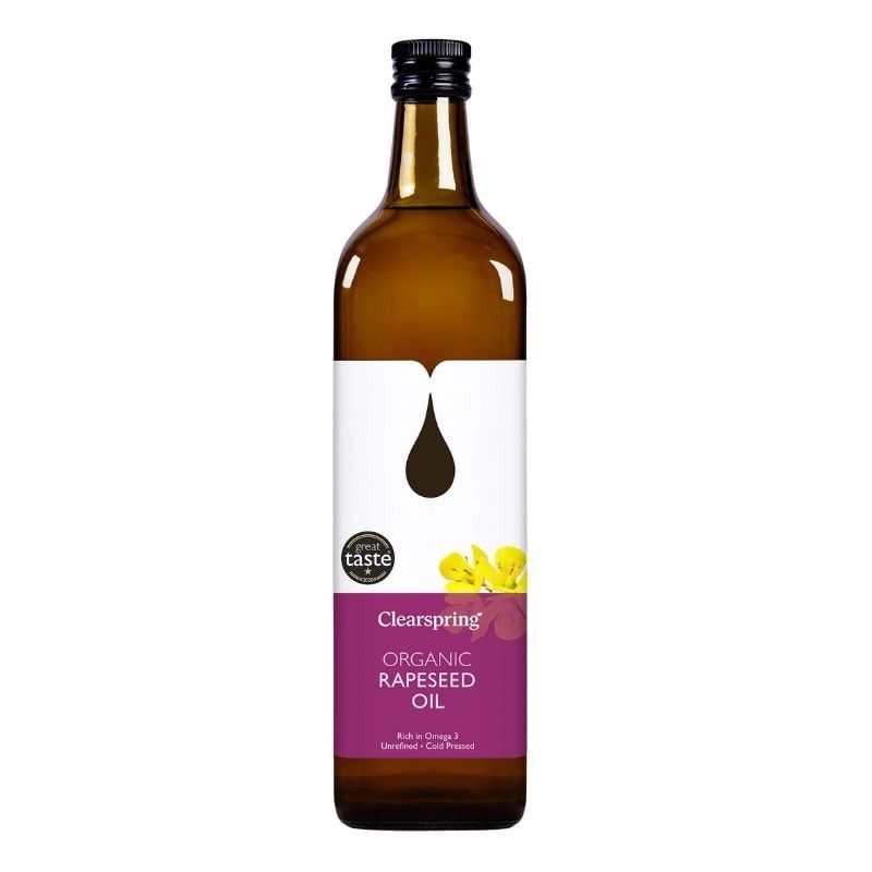 Ulei Presat La Rece Din Seminte De Rapita Eco 1l Cleaspring în sticlă maro cu etichetă albă și violet.