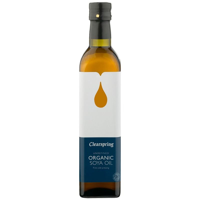 Sticlă ulei soia organic Clearspring 500ml, etichetă albă și capac negru.