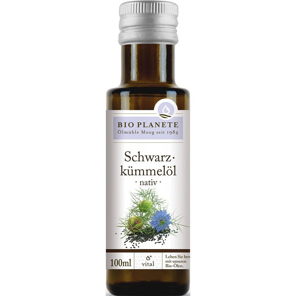 Ulei virgin chimen negru bio 100ml Bio Planete, sticlă maro, etichetă albă.