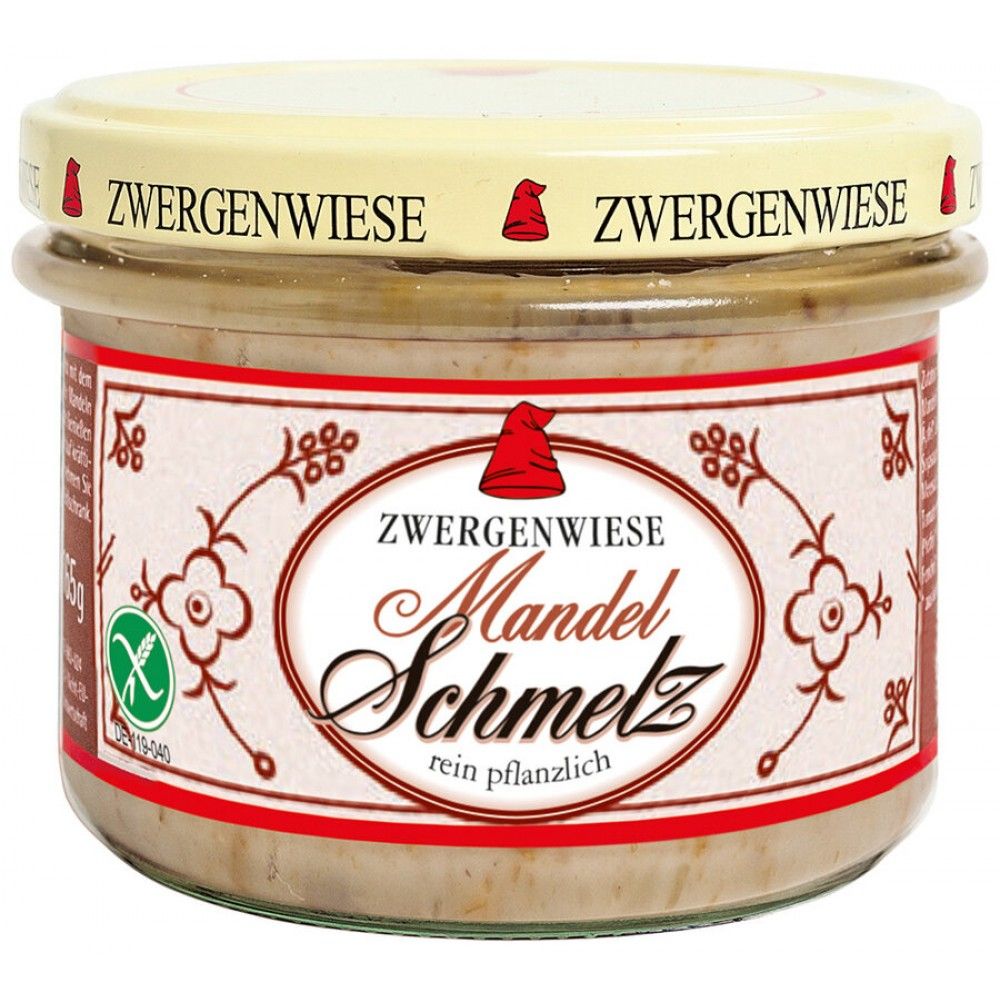 Unsoare vegetala bio cu migdale 150g Zwergenwiese borcan crem cu etichetă florală roșie.