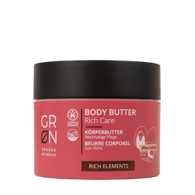 Unt de corp reparator GRN Shades of Nature, 200ml, cu unt de shea organic, ambalaj roz și capac negru.