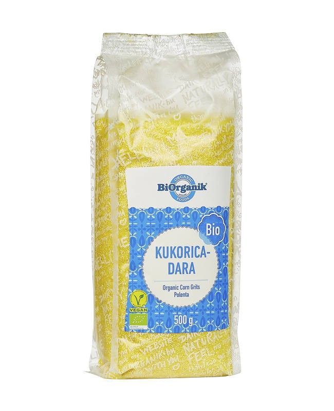 Uruială de Porumb Biorganik 500g, porumb eco, ambalaj alb cu etichetă albastră.