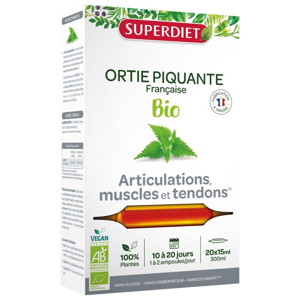 URZICA BIO 20 fiole sticlă 15ml SUPERDIET pentru articulații, cutie albă cu verde și roșu.