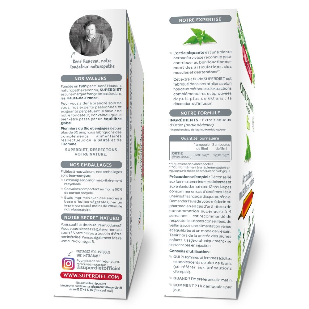 Fiole din sticlă pentru URZICA BIO SUPERDIET, cutie laterală, text franceză, detalii ingrediente.