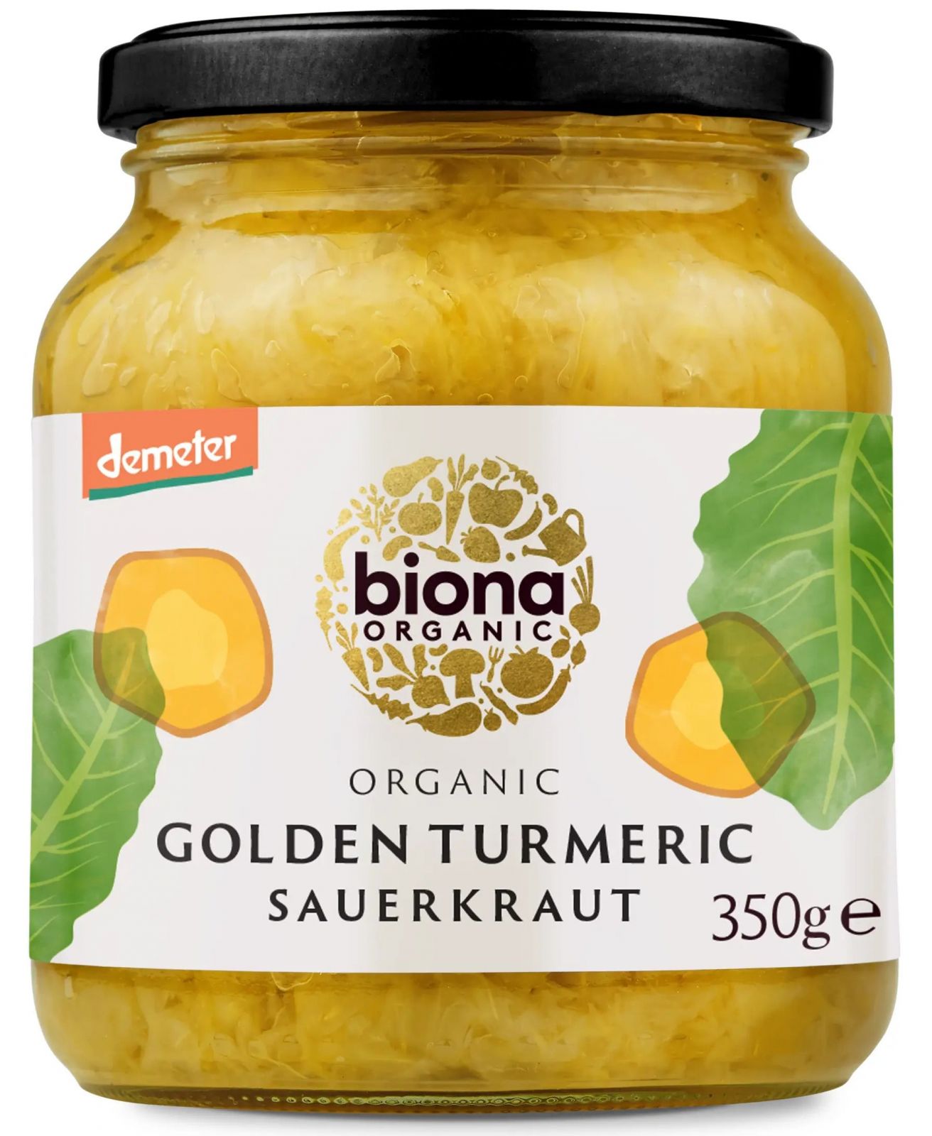 Varza murată cu turmeric Biona, borcan de 350g, etichetă albă cu modele verzi și galbene.