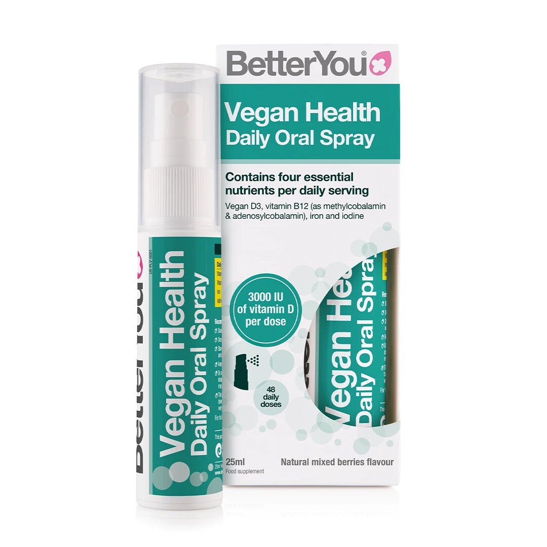 Spray oral BetterYou Vegan Health, 25 ml, flacon alb-verde cu ambalaj cartonat.