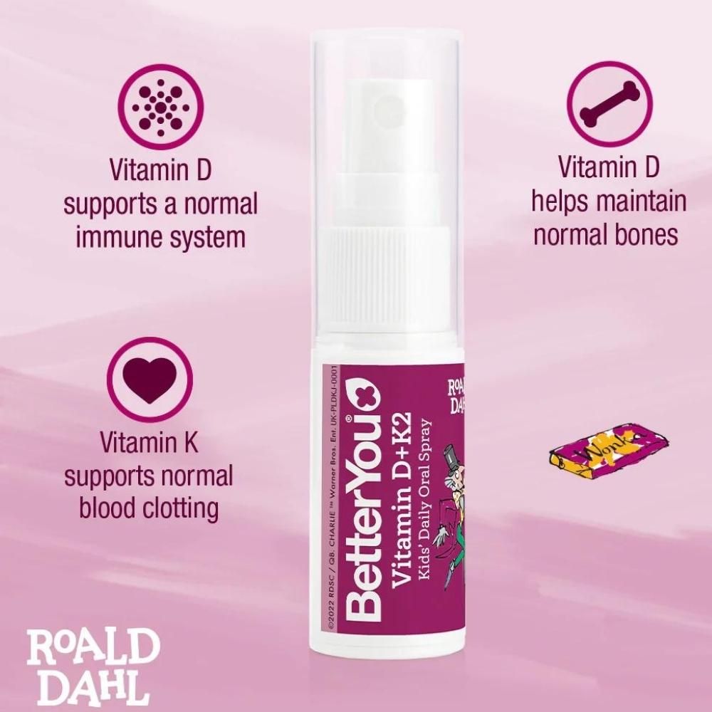 Spray oral Vitamina D+K2 Kids 15 ml BetterYou, etichetă mov, beneficii vitaminice, design modern.