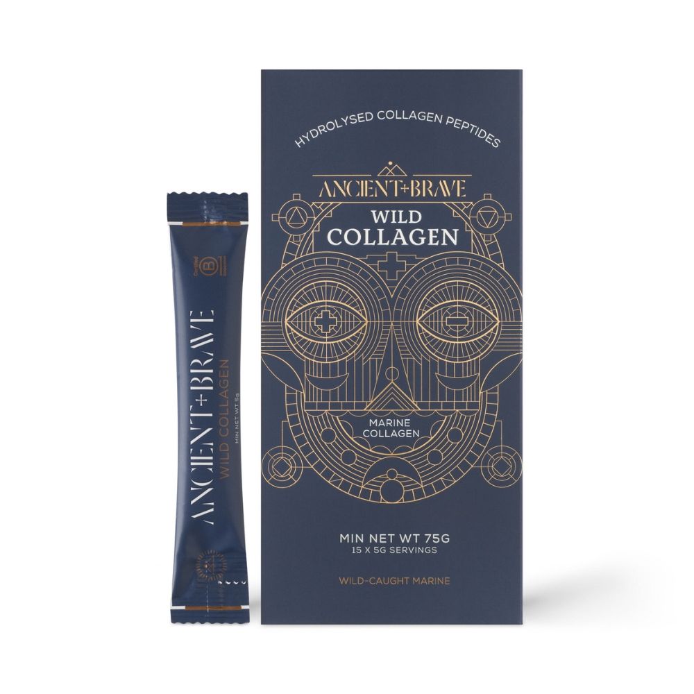 Wild Collagen – Colagen Marin 15x5g, ambalaj albastru elegant cu elemente grafice aurii.