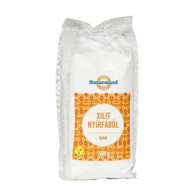 Xilit 500g Naturmind, îndulcitor xilitol din mesteacăn, ambalaj alb cu etichetă portocalie.