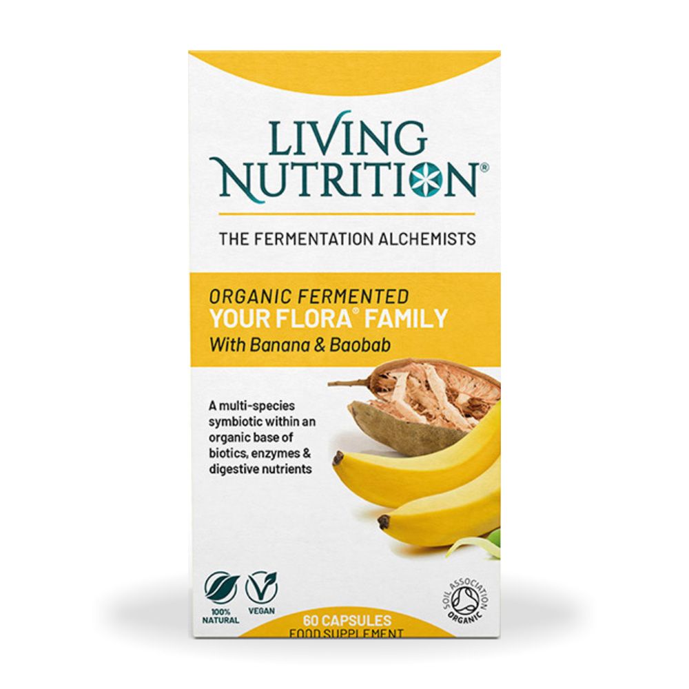 Living Nutrition Your Flora Family probiotice 700 mg, cutie galben-albă, 60 capsule, banane și baobab.
