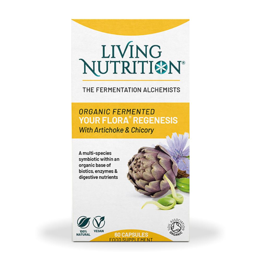Living Nutrition Your Flora Regenesis 700 mg, probiotic fermentat, 60 capsule, cu anghinare și cicoare, vegan, natural.