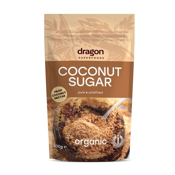 Zahar din palmier de cocos bio Dragon Superfoods 250g, ambalaj maro, organic, nerafinat.