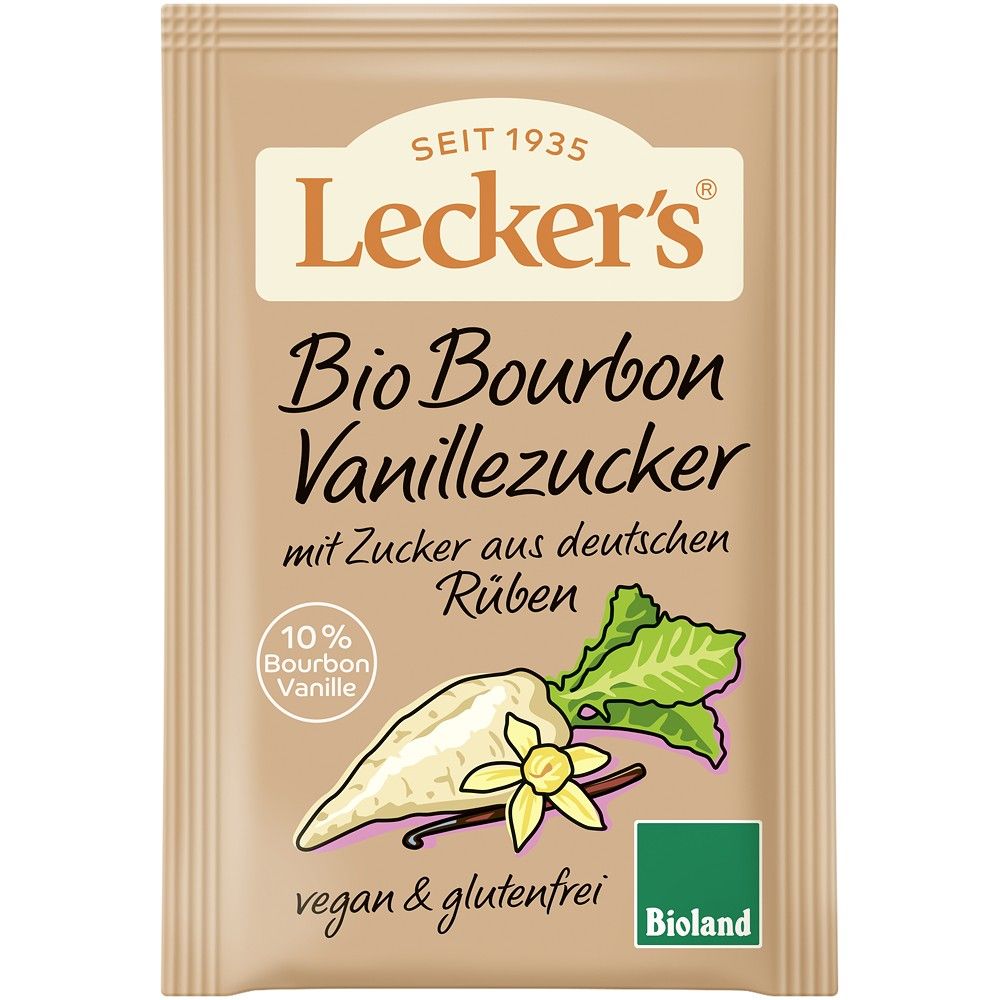 Zahar de sfeclă vanilat Leckers, bio, plic maro, vegan și fără gluten, 10% vanilie Bourbon.