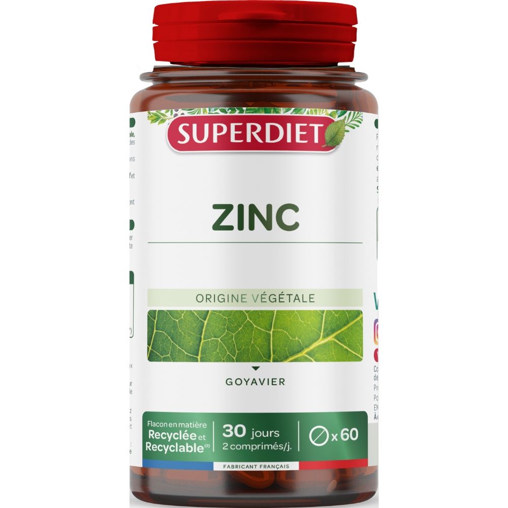 Zinc natural SUPERDIET, 60 comprimate, origine vegetală, flacon cu capac roșu.