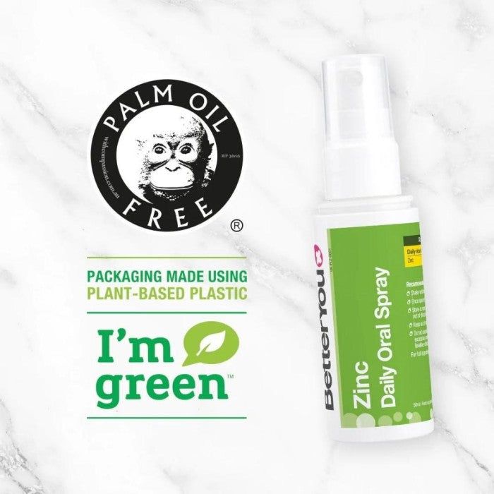 Spray oral Zinc BetterYou 50 ml, ambalaj plastic verde plant-based, fără ulei de palmier.