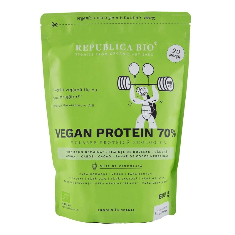 Vegan protein 70%, pulbere functionala cu gust de ciocolata republica bio, 600 g 1