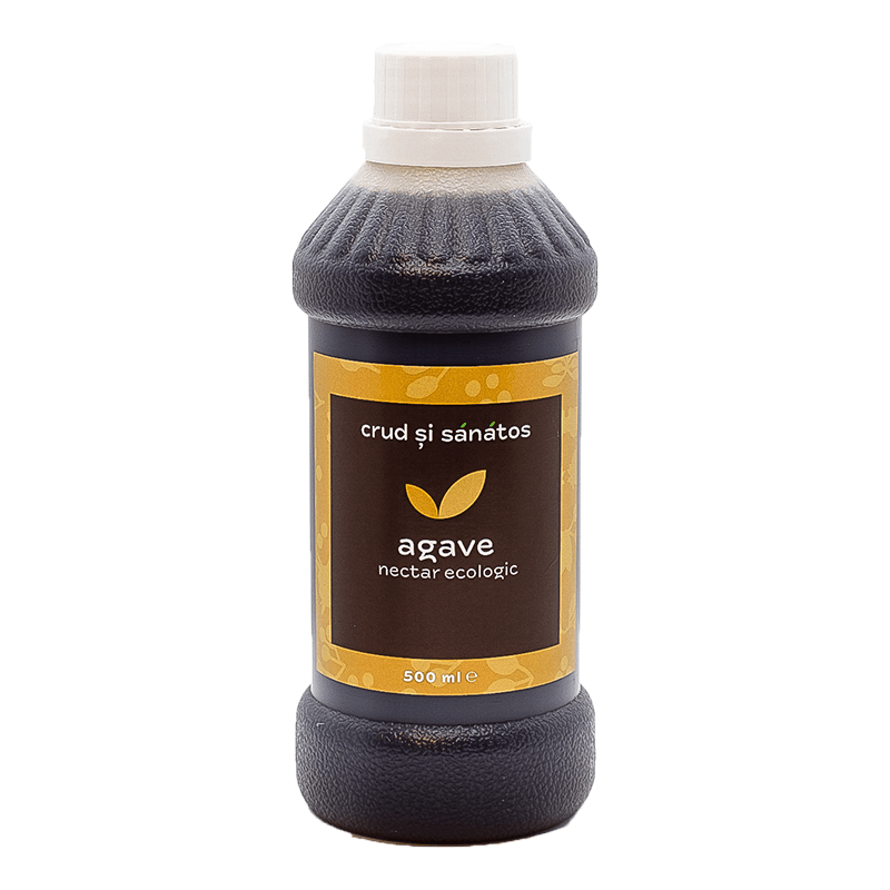 Nectar de agave crud bio 500ml, etichetă maro și galbenă, capac alb.