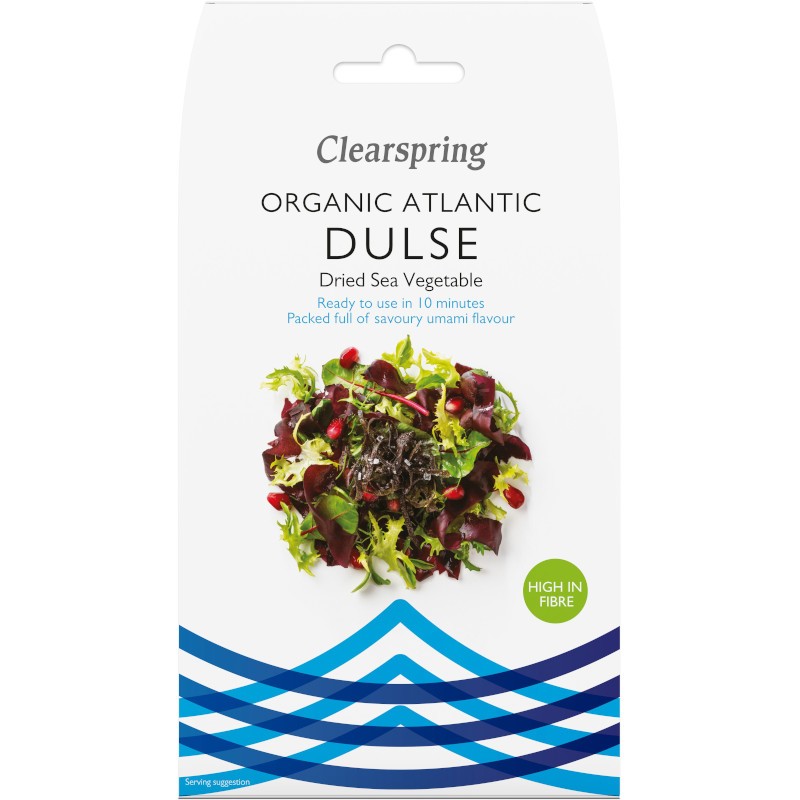 Alge Dulse Atlantic Bio 25g Clearspring, pachet cu alge deshidratate, culoare violet-roșu.
