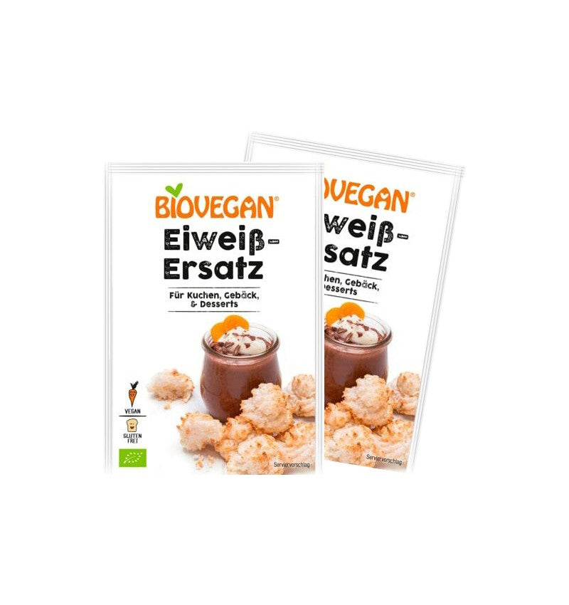 Alternativa bio la albuș de ou, Biovegan, 2x10g, vegan, fără gluten, pudră în pachete albe cu desert.