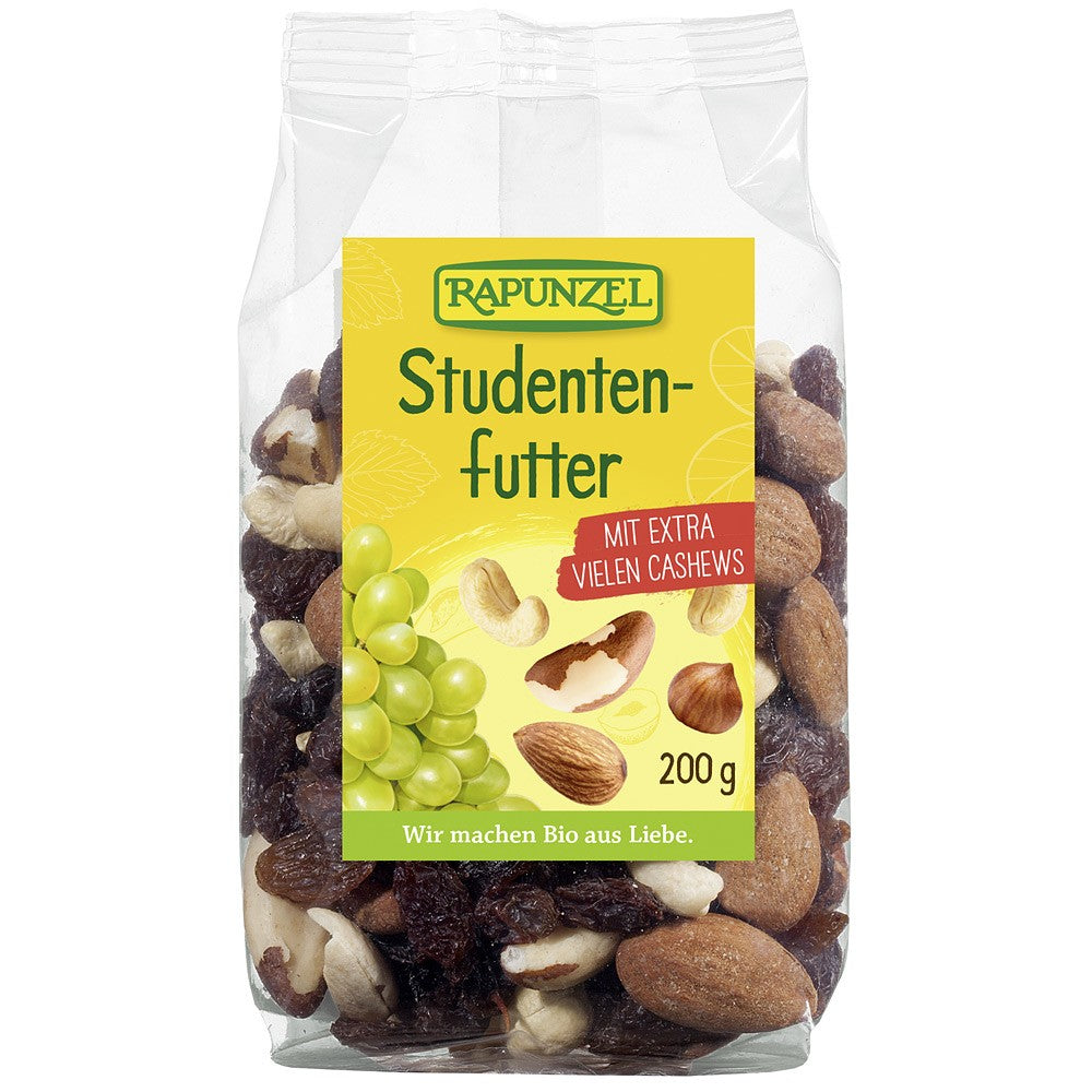 Amestec studentesc cu stafide bio 200g Rapunzel, nuci, caju, fără zahăr adăugat.