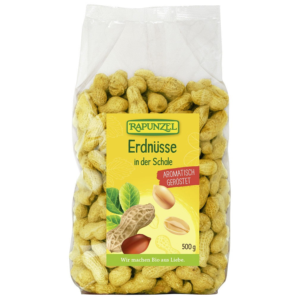 Arahide bio prăjite în coajă 500g Rapunzel, ecologice, ambalaj transparent.