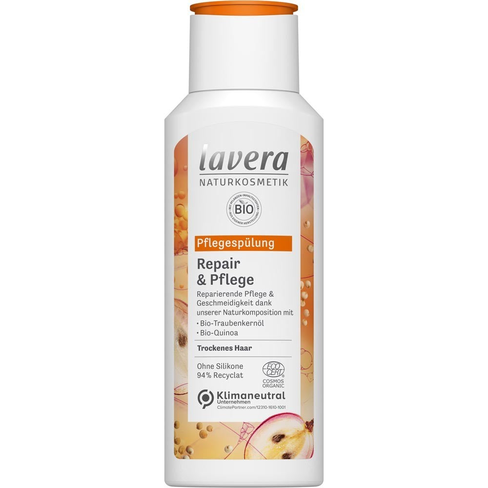 Balsam Lavera 200ml pentru reparare păr, cu ulei organic de semințe de struguri și quinoa, ambalaj alb-portocaliu.