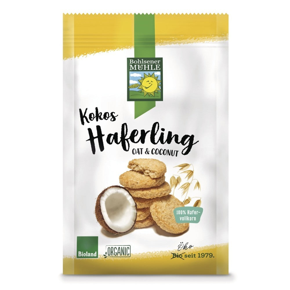 Biscuiți bio ovăz și cocos Bohlsener Muehle 125g, ambalaj alb cu accente galbene.
