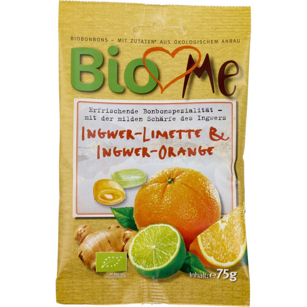 Bomboane bio cu ghimbir-lime si ghimbir-portocala 75g BIO Loves Me Un duo de arome proaspete