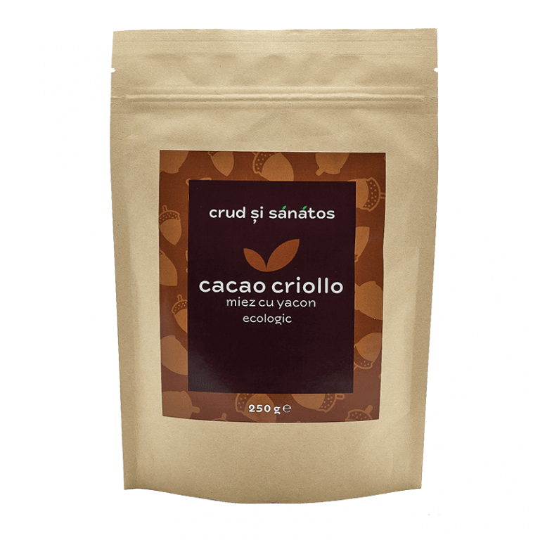 Pachet cacao criollo 250g, ecologic, ambalaj maro, etichetă maro cu text alb.