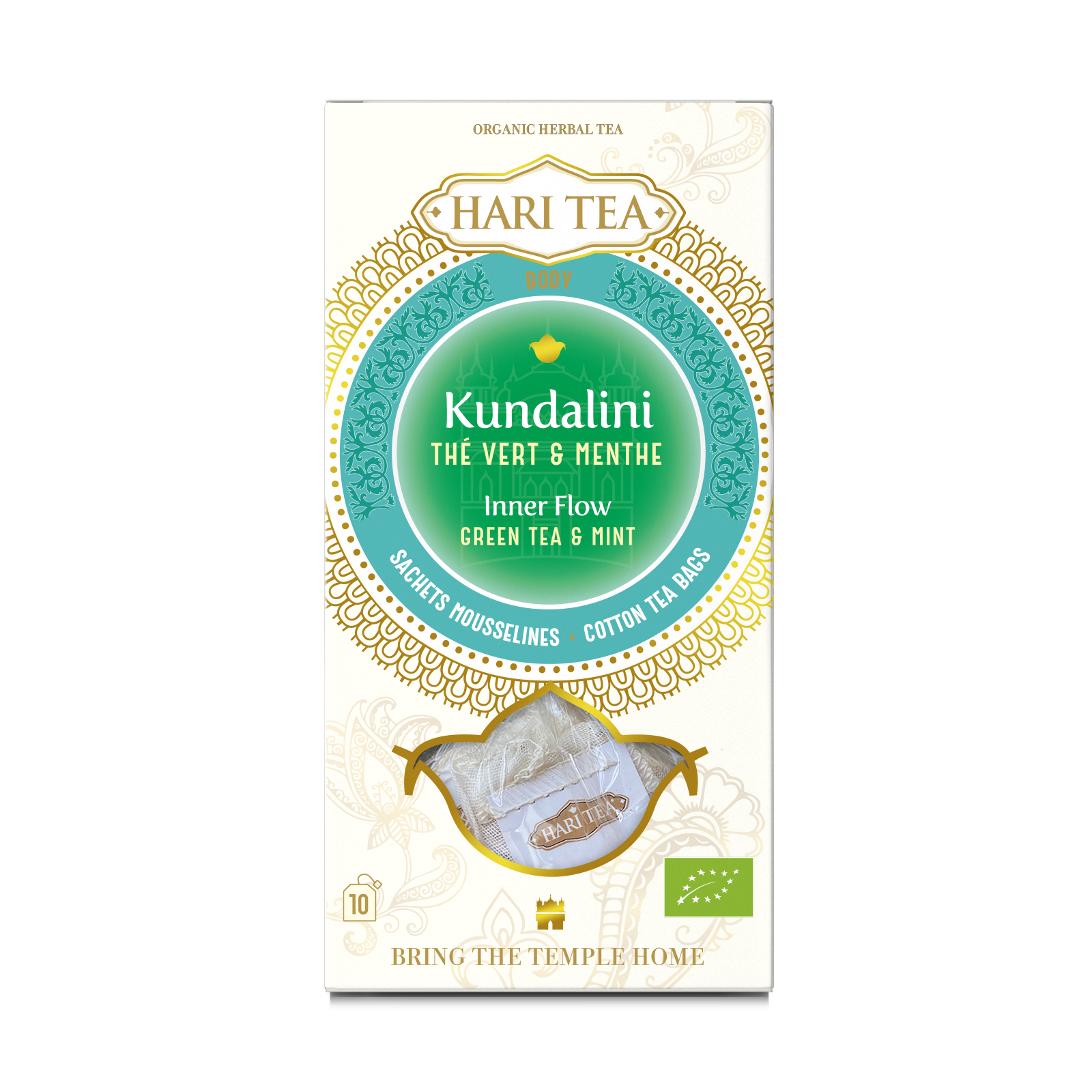 Ceai premium Hari Tea Inner Flow cu ceai verde, mentă bio, plicuri bumbac organic, ambalaj elegant.