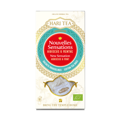 Ceai premium Hari Tea New Sensation hibiscus mentă bio cutie 10 plicuri bumbac organic.