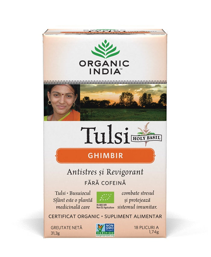 Ceai tulsi ghimbir Organic India, antistres revigorant, 18 plicuri, cutie portocalie.