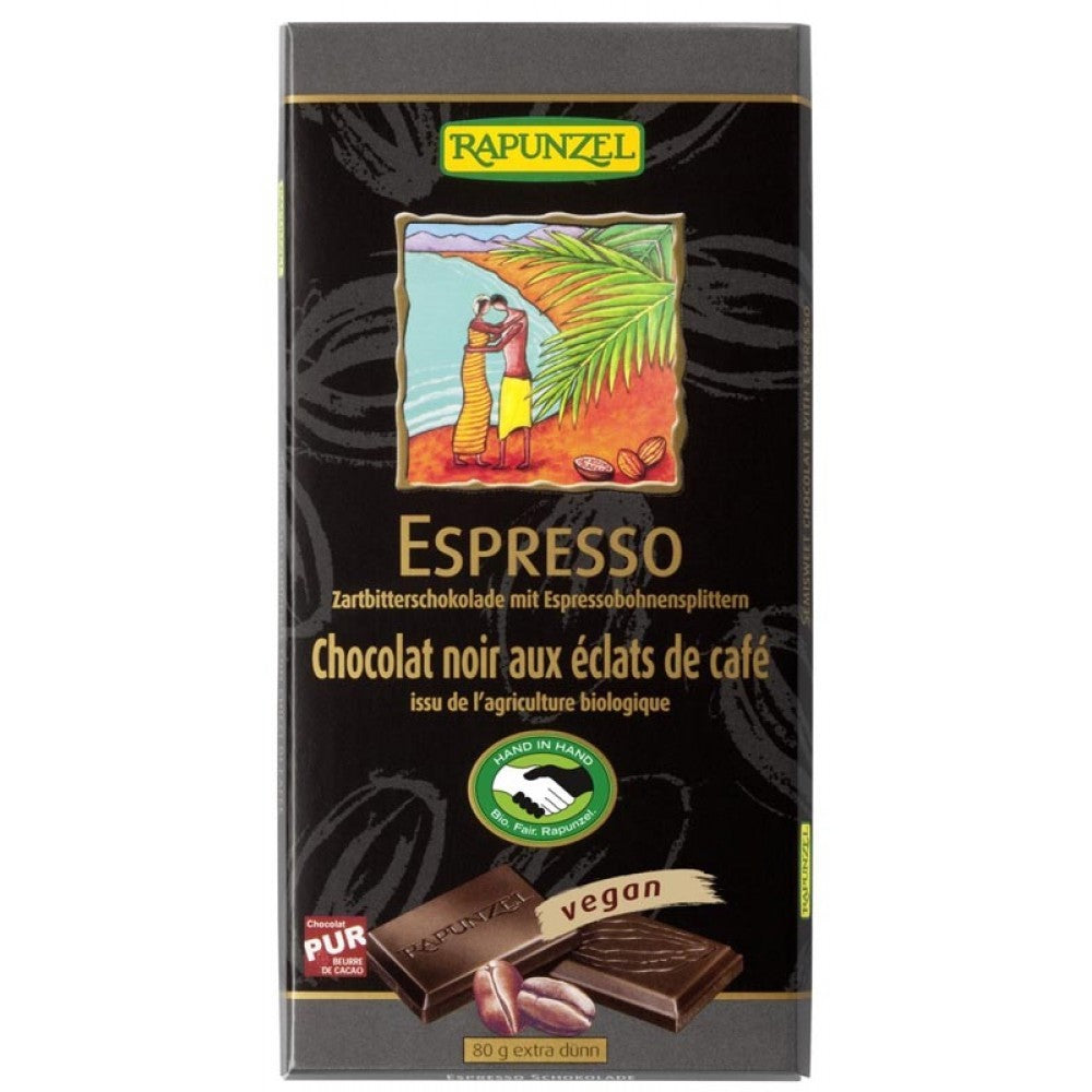 Ciocolată bio neagră cu 51% cacao și espresso, 80g, Rapunzel, ambalaj negru cu text auriu.